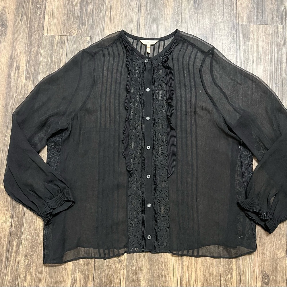Rebecca Taylor Black Crewneck Long Sleeves Ruffled Button Up Sheer Blouse 12 - Picture 8 of 12